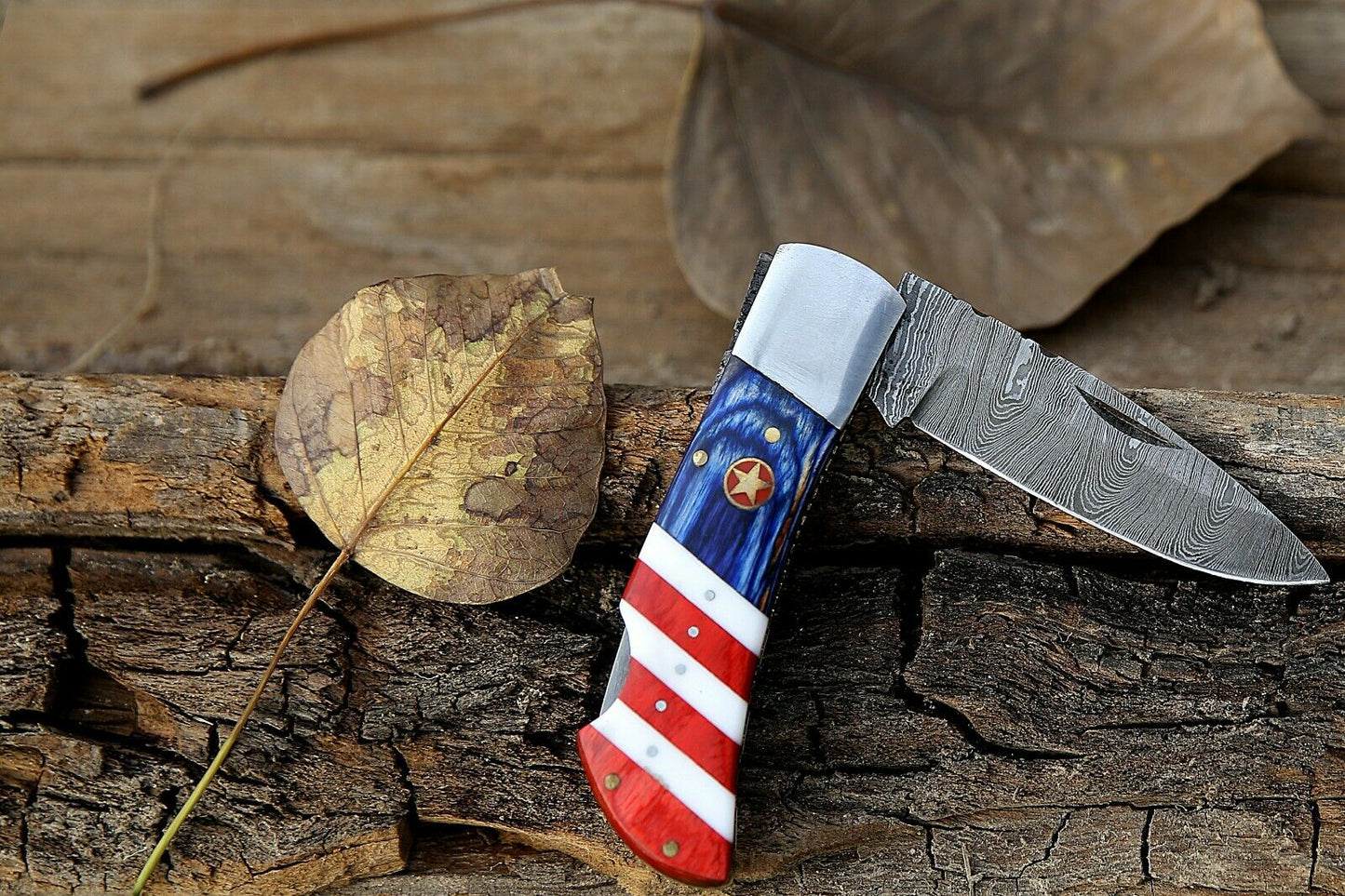 Custom Handmade Damascus Folding-Pocket Knife With American Flag Handle