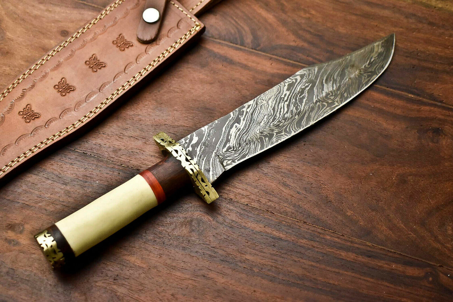 HS-332 | Custom Handmade Damascus Steel Hunitng/Bowie Knife - Camel Bone Handle