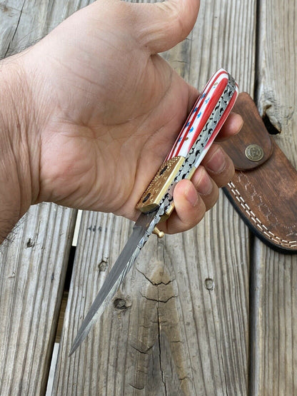 Custom Handmade Full Damascus Folding-Pocket Knife With Flag Handle