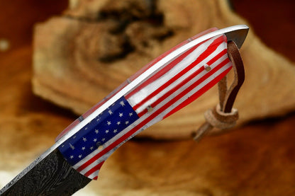 HS-796 Custom Handmade Damascus Skinner Knife With American Flag sheet Handle
