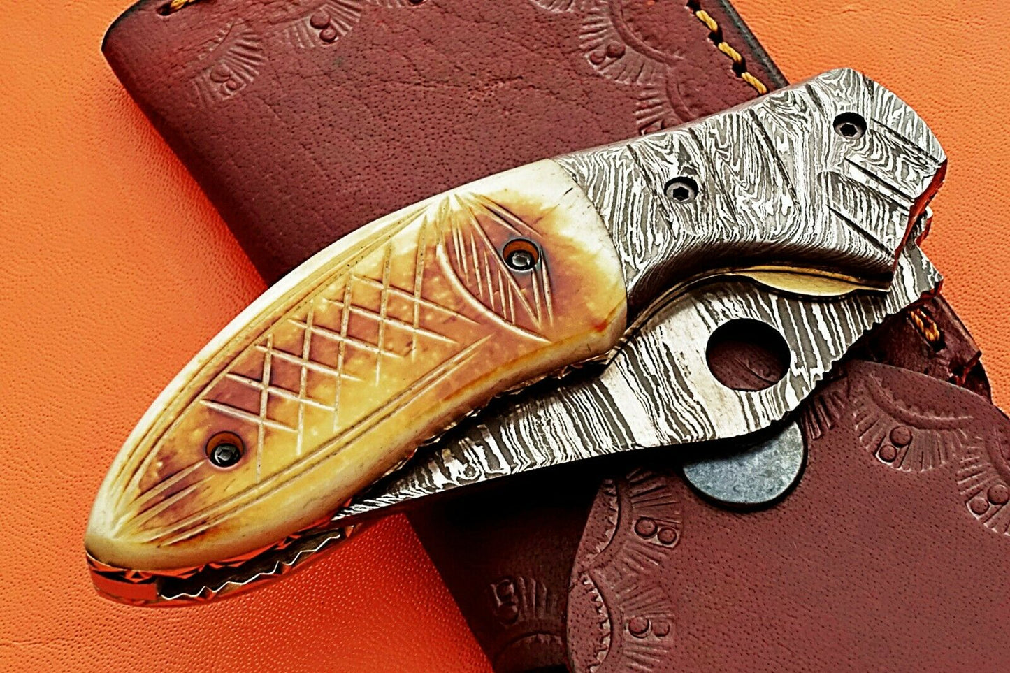 Custom Handmade Damascus Folding/Pocket Knife With Engraved Camel Bone Handle