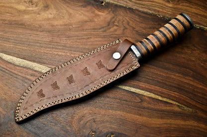 HS-316 Custom Hand Made Damascus Steel Blade Bowie Hunting Knife | LEATHER
