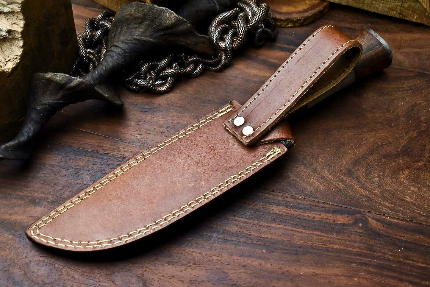 HS-327 | Custom Handmade Damascus Steel Hunitng/Bowie Knife - Wood + Bone Handle
