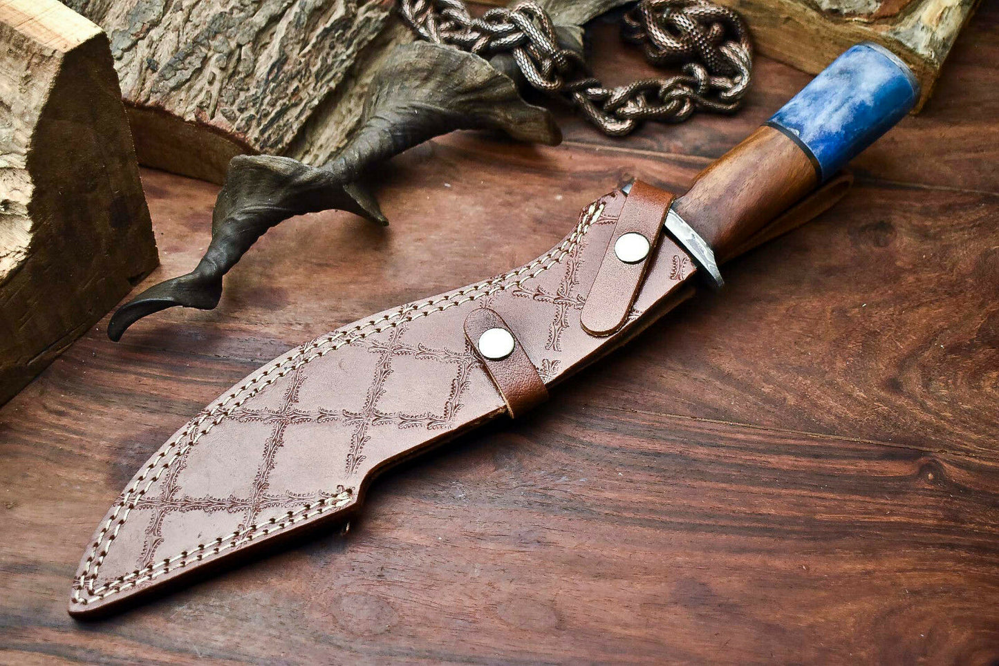 HS-866 Custom Handmade Damascus Steel Hunitng/Kukri Knife - Wood & Bone Handle