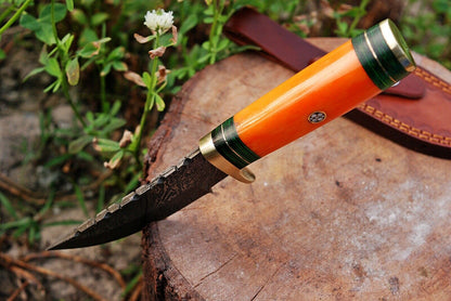 HS-496 Custom Handmade Damascus Hunting Knife With Beautiful Orange Camel Bone Handle