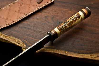 HS-334 | Custom Handmade Damascus Steel Hunitng/Bowie Knife - Engraved Camel Bone Handle