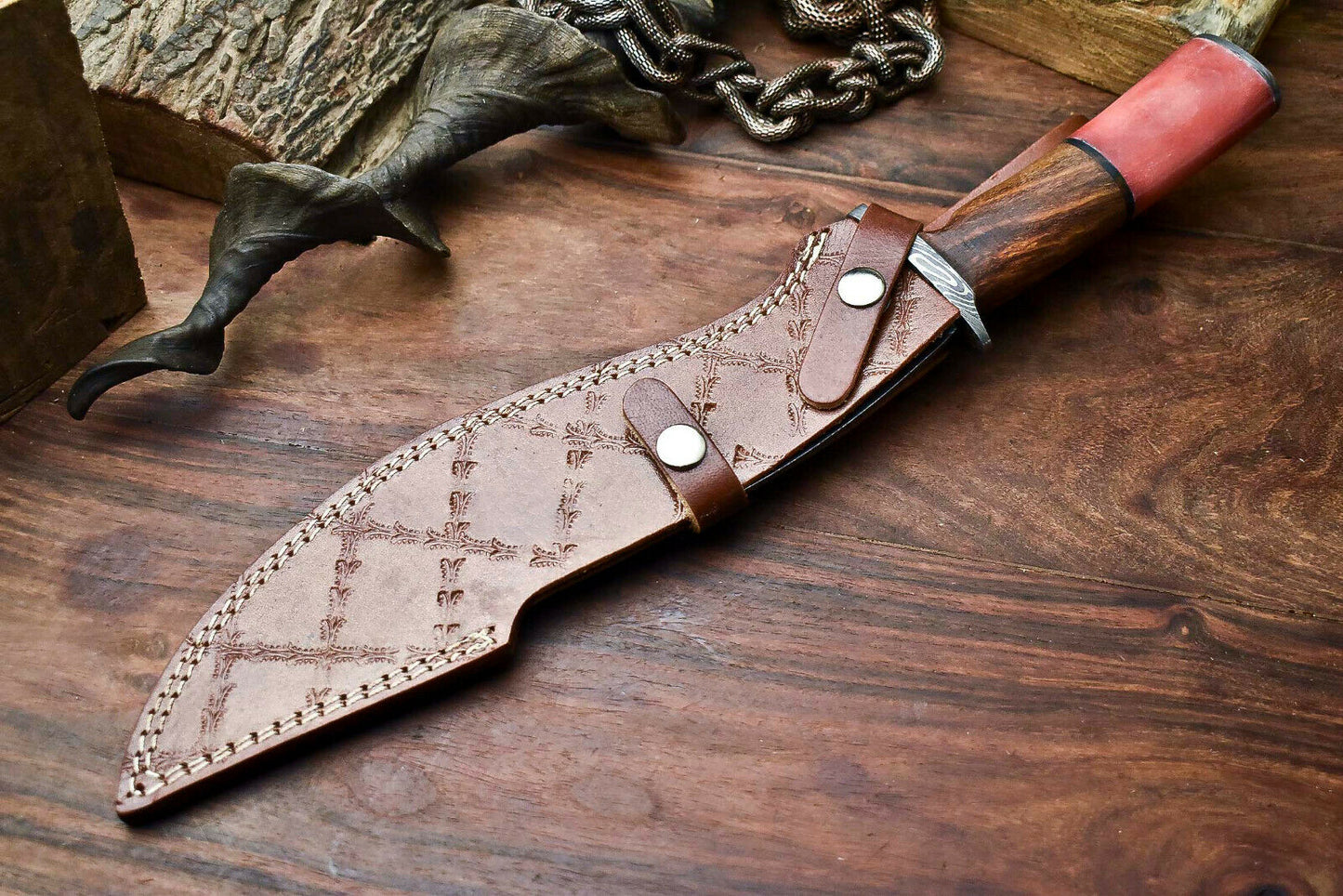 HS-865 Custom Handmade Damascus Steel Hunitng/Kukri Knife - Wood & Bone Handle
