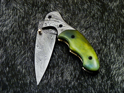 Damascus Liner Lock Folding Knife – Camel Bone Handle | HS-1121