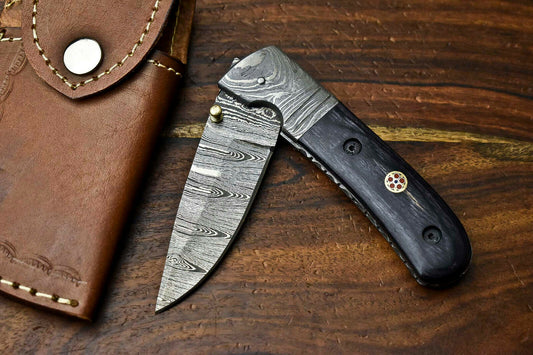 Custom Handmade Damascus Steel Blade Liner-Lock Pocket Folding Knife| BULL Horn