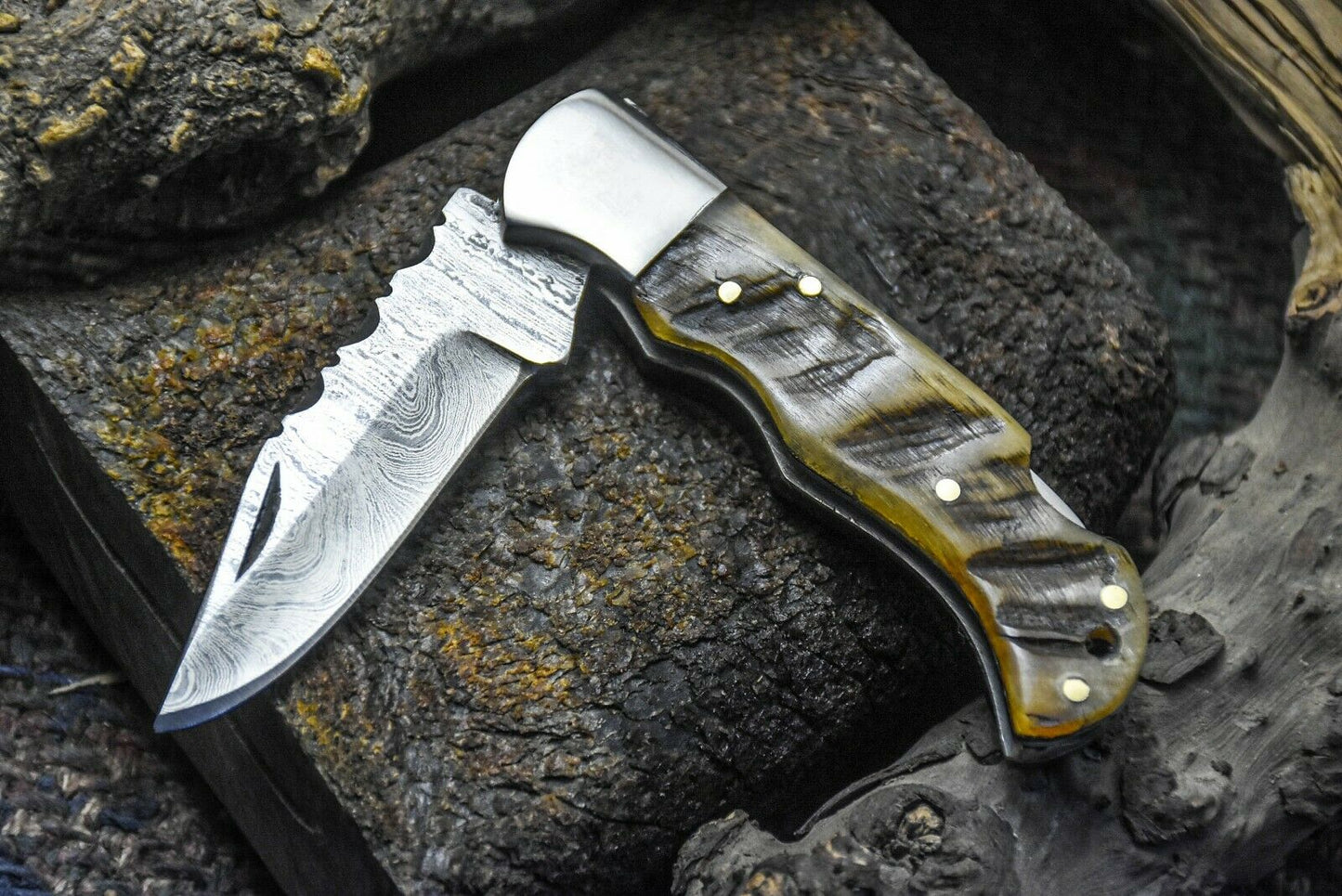 HS-1116 "  CUSTOM HANDMADE DAMASCUS STEEL BLADE FOLDING KNIFE RAM HORN