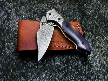 Damascus Pocket Folding Knife – Stained Camel Bone | Liner Lock | HS-1123
