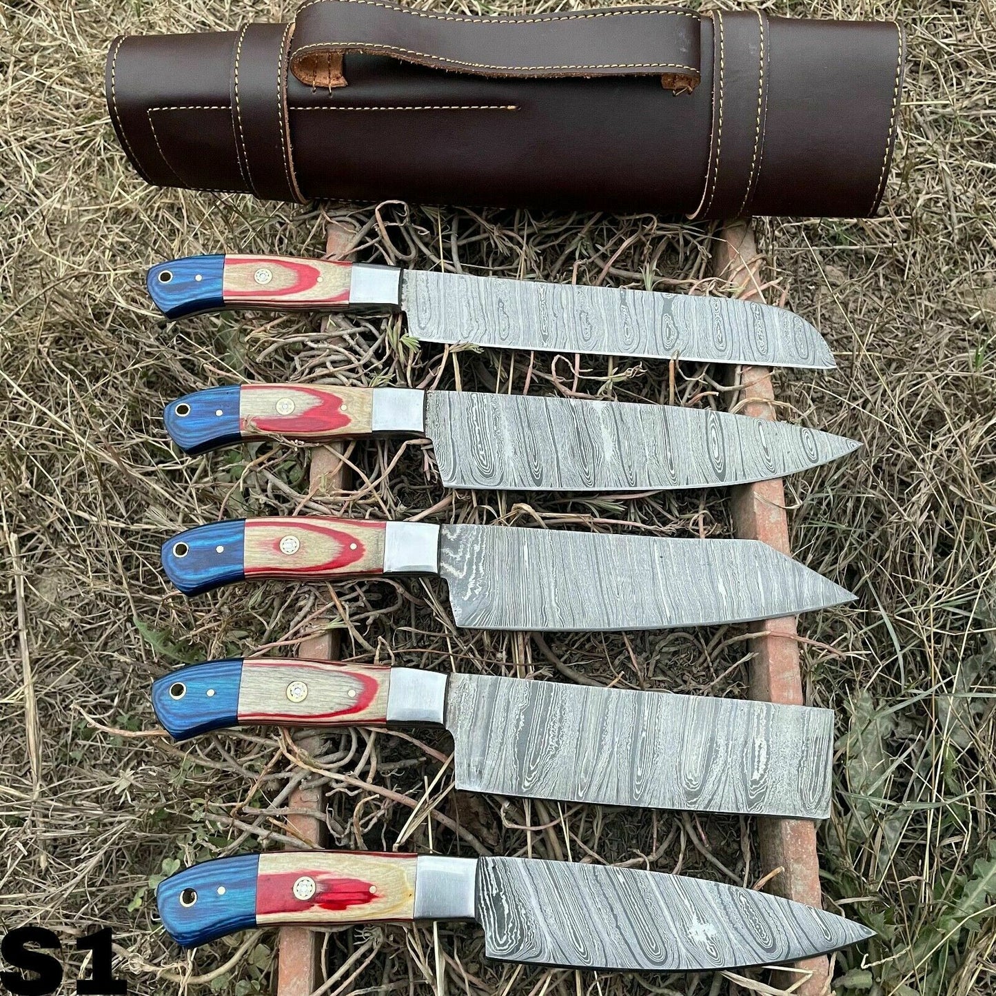 HS-129 '' Hand Forged Damascus Steel Hunting Chef Kitchen Knife Set W/ Sheath