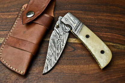 HS-1140 Custom Handmade Damascus Steel Blade Liner-Lock Pocket Folding Knife| CAMEL BONE
