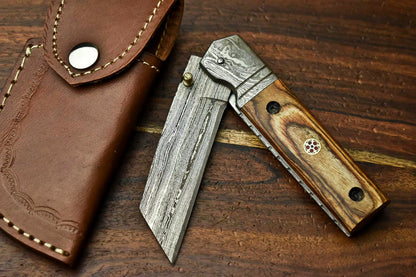 Custom Handmade Damascus Steel Blade Liner-Lock Pocket Folding Knife| HARD WOOD