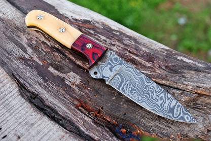HS-726 Custom Handmade Damascus Steel Skinner Knife - Hard Wood + Bone Handle