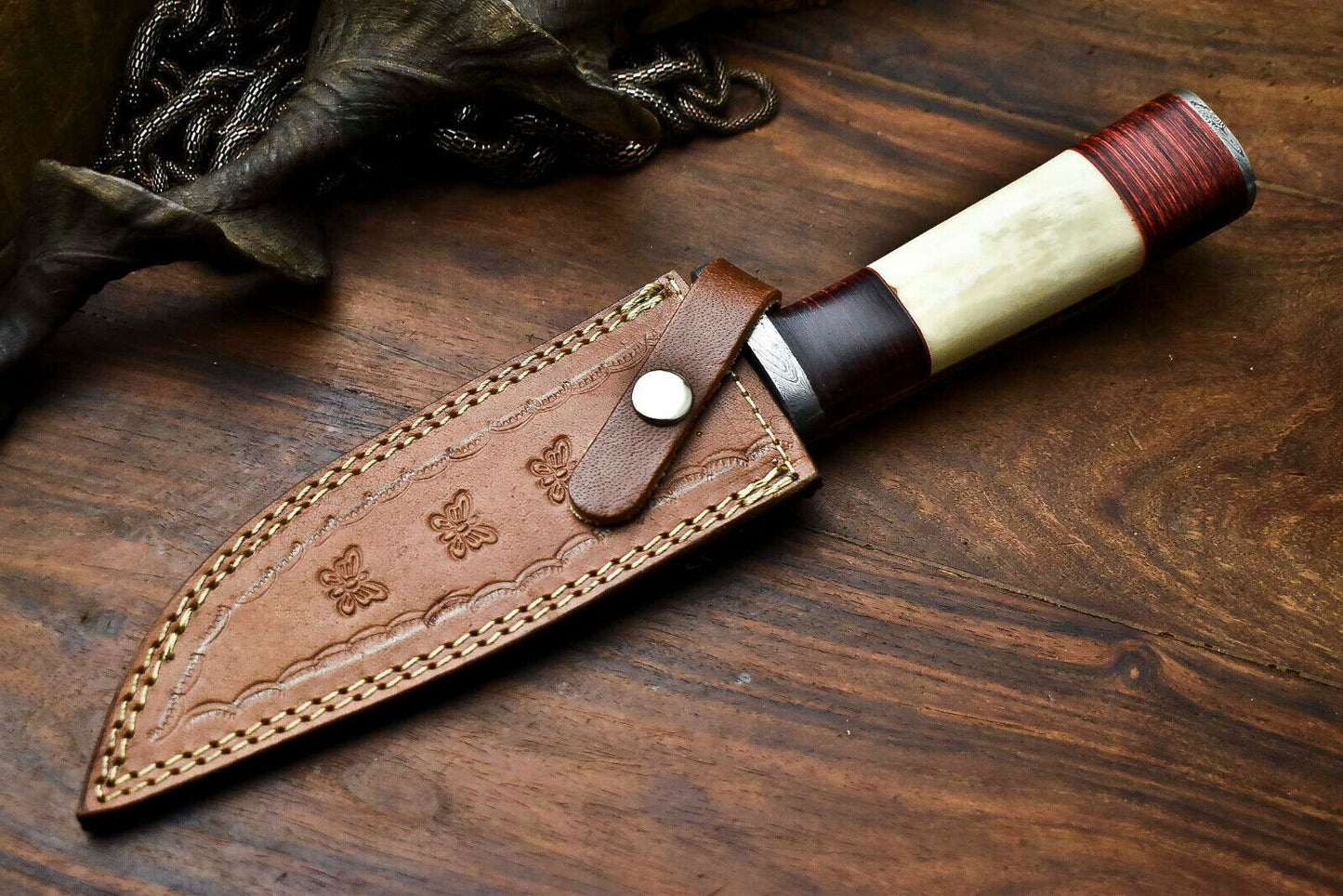 HS-319 Custom Hand Made Damascus Steel Blade Bowie Hunting Knife | CAMEL BONE