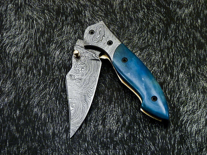Damascus Liner Lock Pocket Knife – Camel Bone & Damascus Bolster | HS-1122
