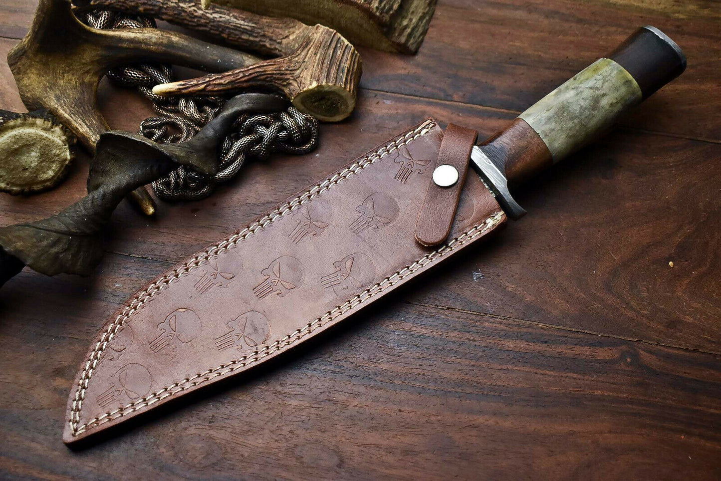 HS-326 | Custom Handmade Damascus Steel Bowie/Hunting Knife - Camel Bone Handle