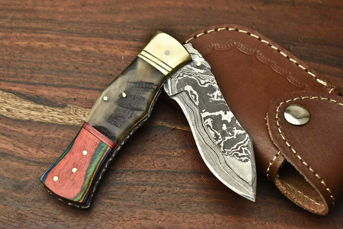 HS-1139 Custom Handmade Damascus Steel Blade Liner-Lock Pocket Folding Knife| Ram Horn