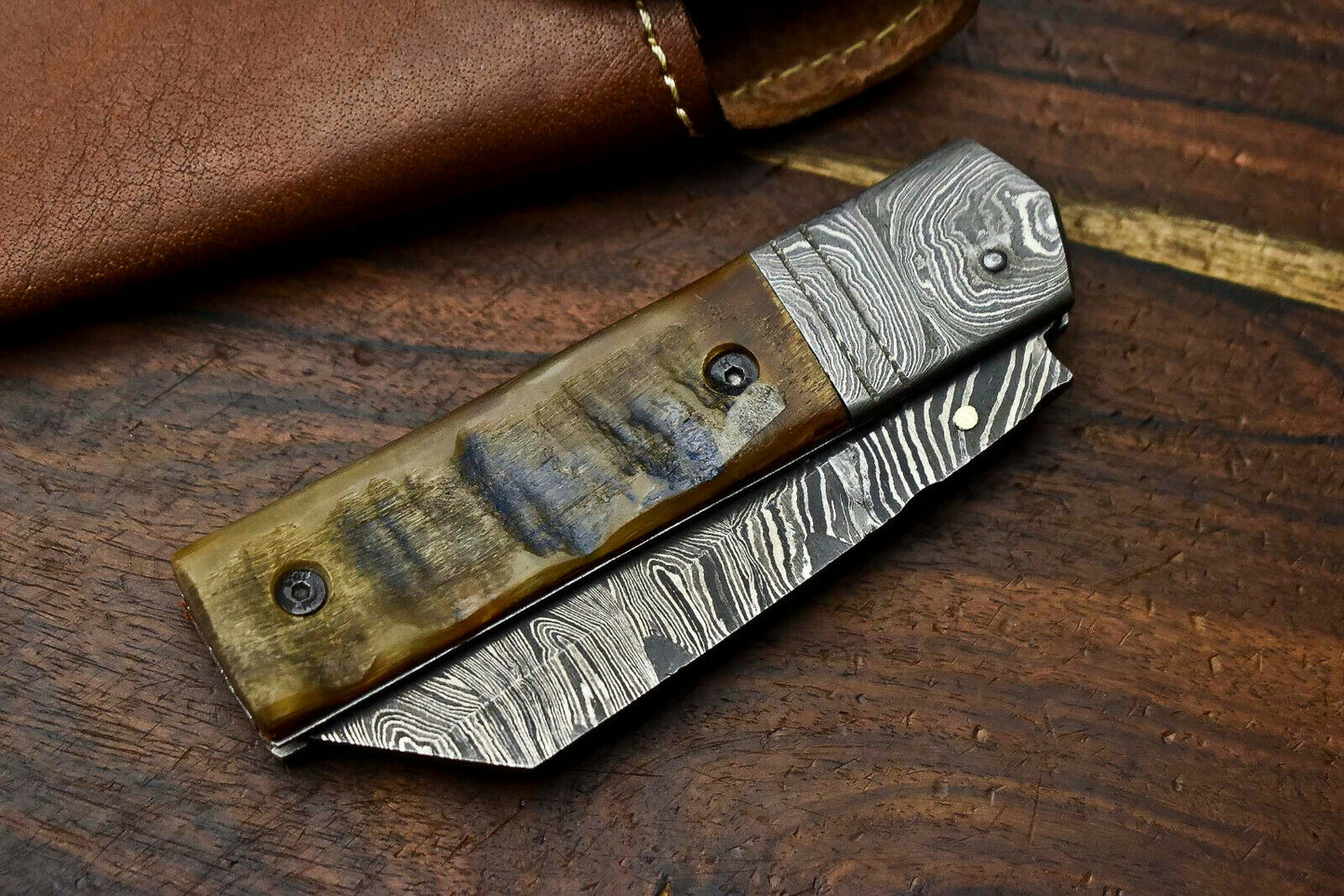 HS-1137 Custom Handmade Damascus Steel Blade Liner-Lock Pocket Folding Knife| RAM'S HORN