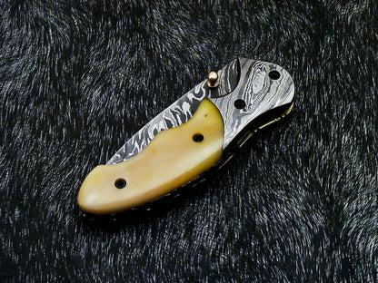 Damascus Liner Lock Folding Knife – Camel Bone | Twist Blade | HS-1124