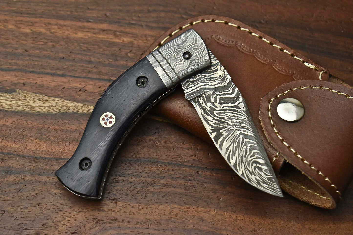 HS-1134 Custom Handmade Damascus Steel Blade Liner-Lock Pocket Folding Knife| HARD WOOD