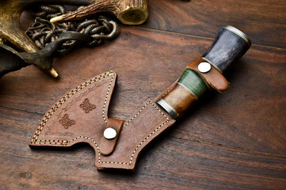 HS-1056 | Custom Hand Made Damascus Blade Hunting Hatchet Mini Viking Axe | Camel Bone & Wood