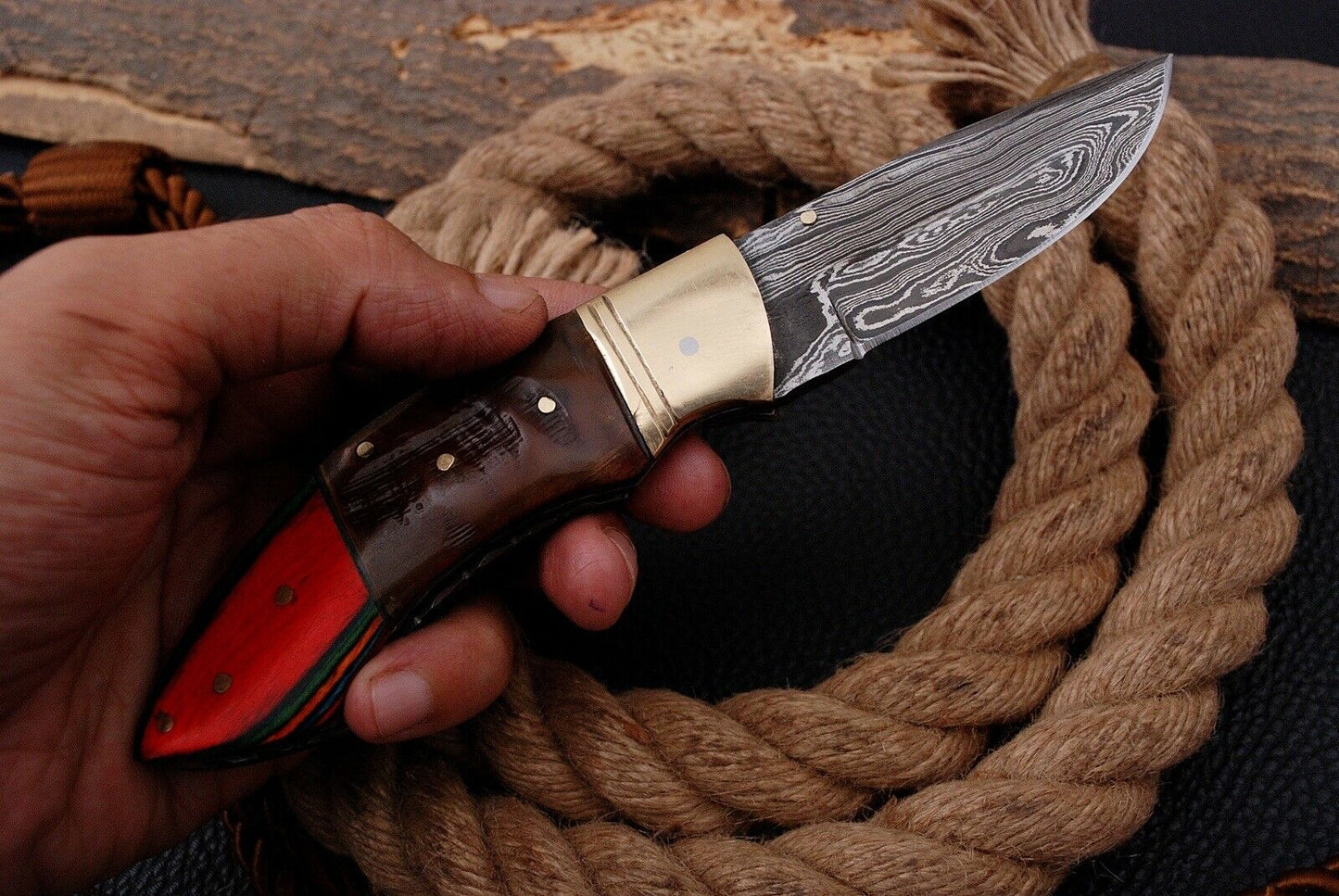 Custom Handmade Damascus Folding-Pocket Knife With Coloured Hard Wood Handle