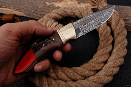 Custom Handmade Damascus Folding-Pocket Knife With Coloured Hard Wood Handle