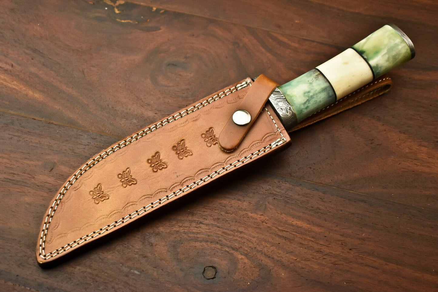 HS-329 | Custom Handmade Damascus Steel Hunitng/Bowie Knife - Colour Camel Bone Handle