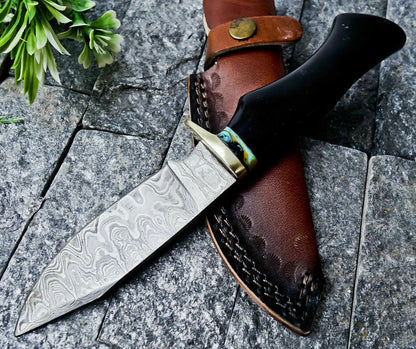 Damascus Hunting Knife – Bull Horn Handle | Brass Guard | HS-357