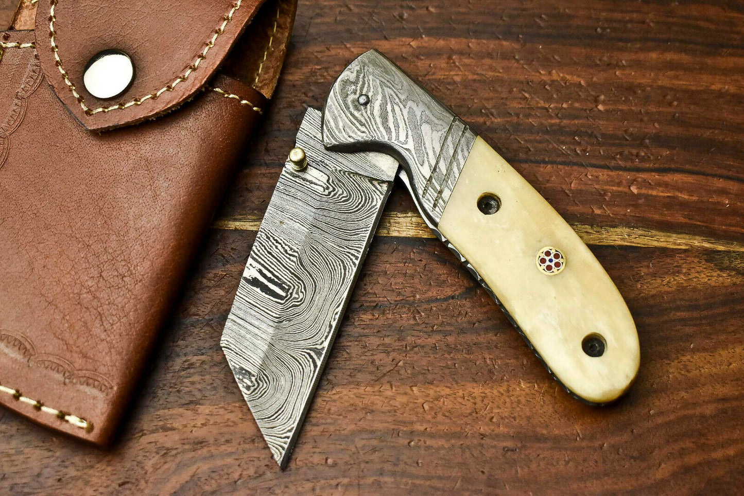 HS-1133 Custom Handmade Damascus Steel Blade Liner-Lock Pocket Folding Knife| CAMEL BONE