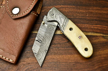 HS-1133 Custom Handmade Damascus Steel Blade Liner-Lock Pocket Folding Knife| CAMEL BONE