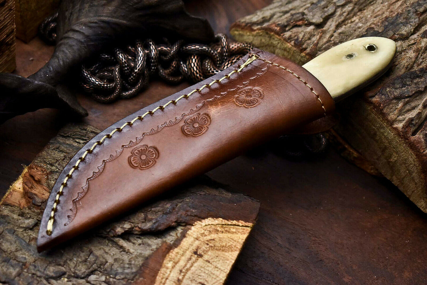 HS-718 Custom Handmade Camel Bone & Wood Hanlde Damascus Steel Skinner Knife - Great Price