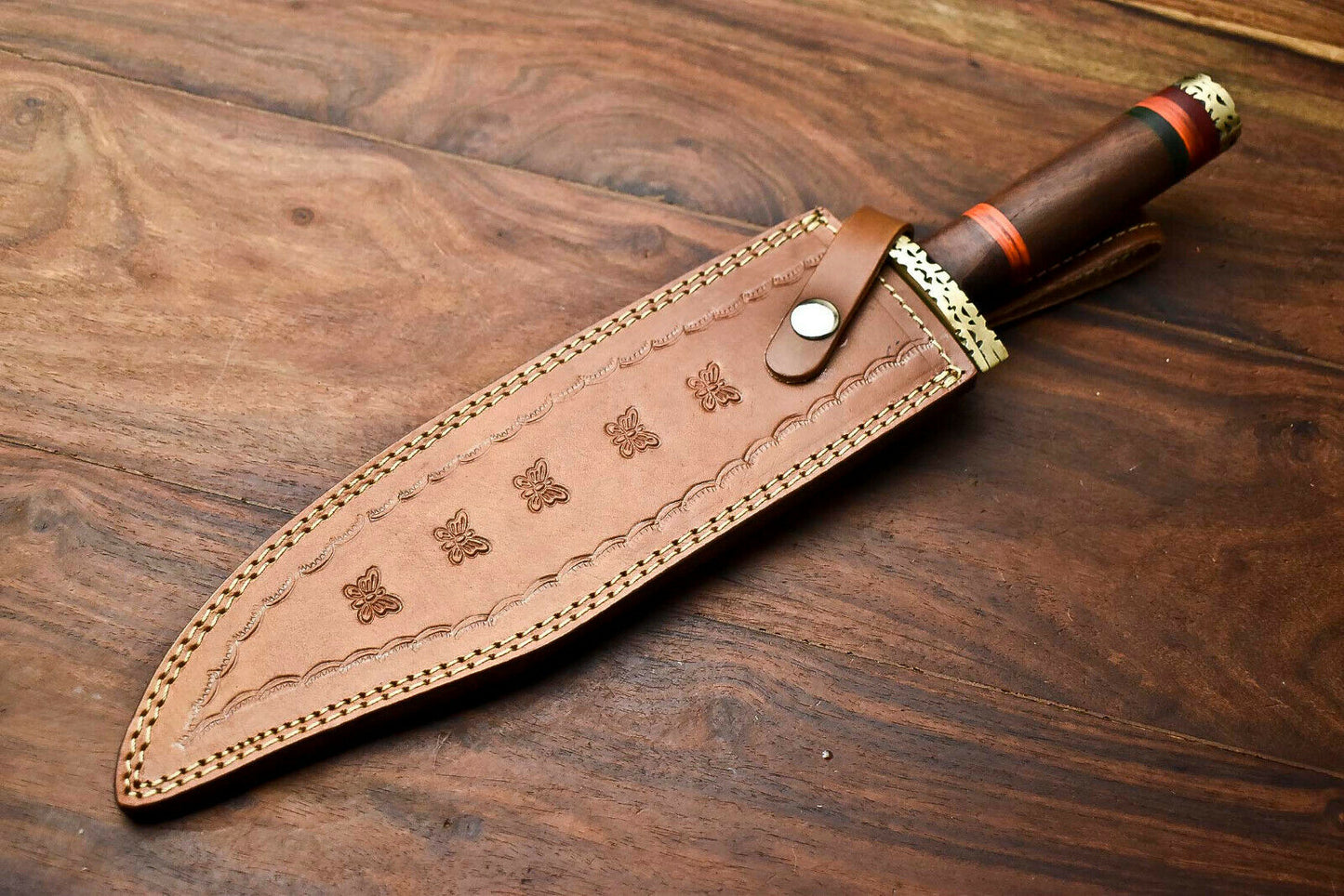 HS-411 | Custom Handmade Damascus Steel Hunting/Bowie Knife - Wood Handle