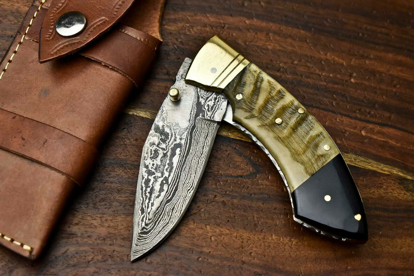 HS-1138 Custom Handmade Damascus Steel Blade Liner-Lock Pocket Folding Knife| RAM'S HORN