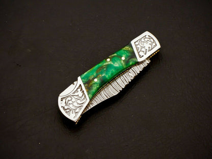 Damascus Steel Back Lock Folding Knife – Resin Handle | HS-1113