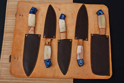 HS-188 Custom Handmade High Carbon Steel Chef-Kitchen Knife Set With Camel Bone & Wood Handle