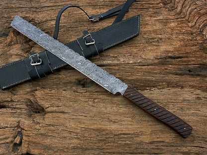 HS-1087 | Hand Forged Damascus Steel Full Tang Sword,Rose wood Handle,Leather Cover