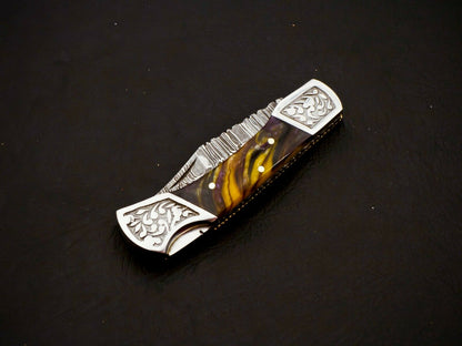 HS-1108 Custom Hand Forged Damascus Steel Back Lock Resin Handle Knife