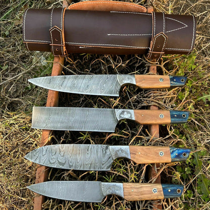 HS-127 '' Hand Forged Damascus Steel Hunting Chef Kitchen Knife Set W/ Sheath