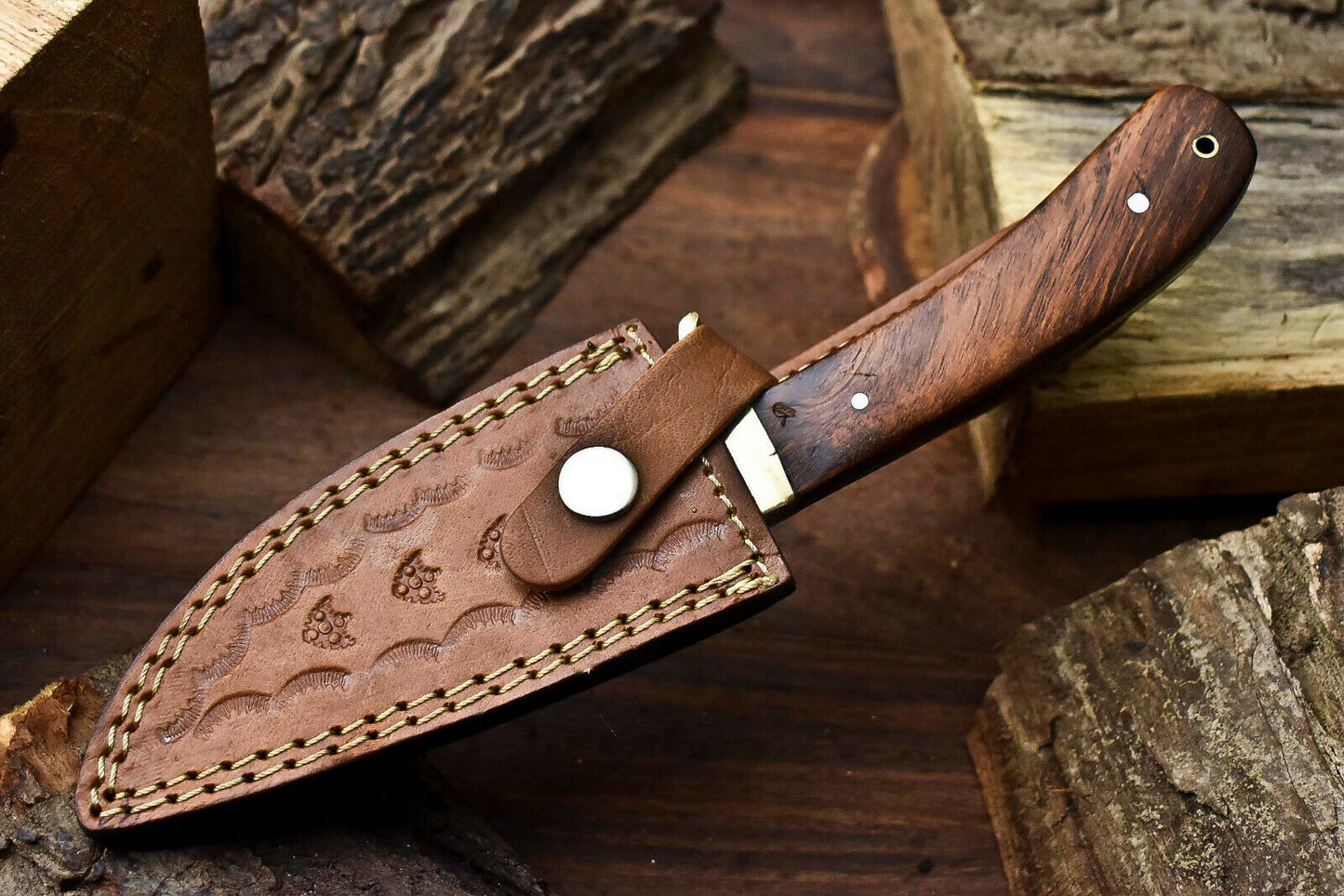 HS-400 | Custom Handmade Damascus Steel Hunting Camping Knife - Beautiful Wood Handle