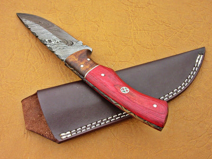 HS-768 Custom Handmade Damascus Skinner Knife With Hard Wood & Rose Wood Hanlde