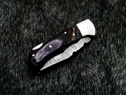 HS-1119  CUSTOM HANDMADE DAMASCUS BLADE POCKET FOLDING KNIFE - HARD WOOD HANDLE