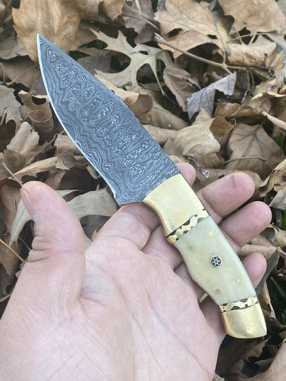 HS-446 | Custom Handmade Damascus Steel Hunting knife - Brass & Bone Handle
