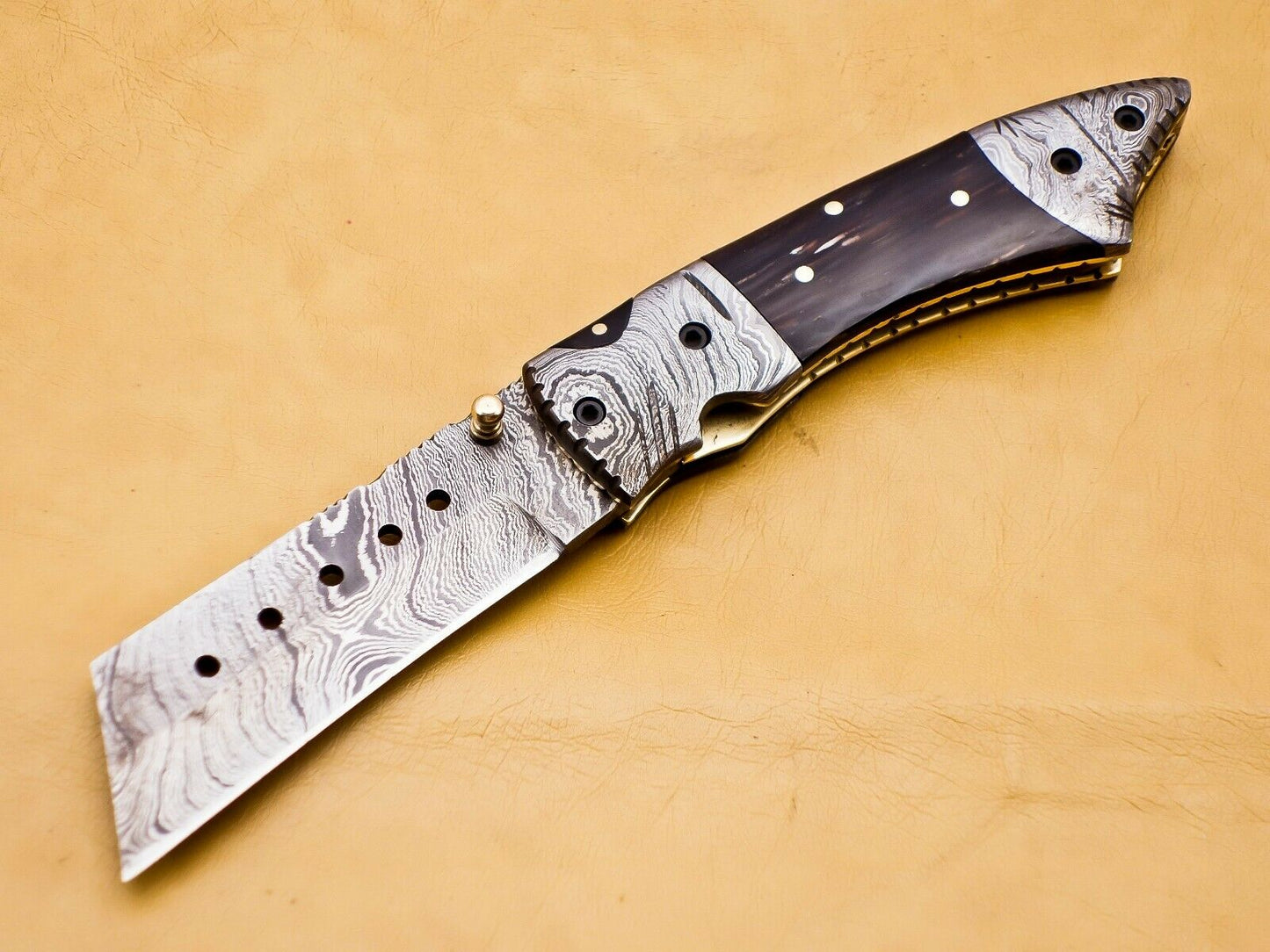 Custom Handmade Damascus Folding-Pocket Knife With Buffalo Horn Handle