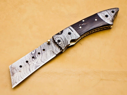 Custom Handmade Damascus Folding-Pocket Knife With Buffalo Horn Handle