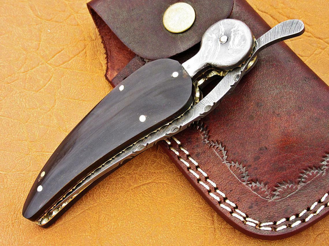 Custom Handmade Damascus Folding-Pocket Knife With Buffalo Horn Handle