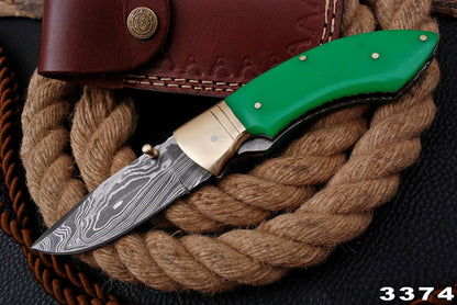 Custom Handmade Damascus Folding-Pocket Knife With Green Sheet Handle