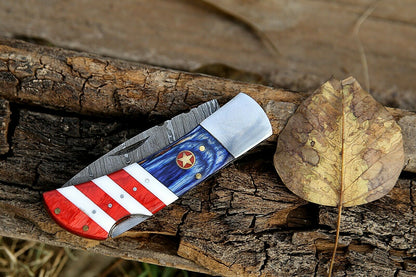Custom Handmade Damascus Folding-Pocket Knife With American Flag Handle